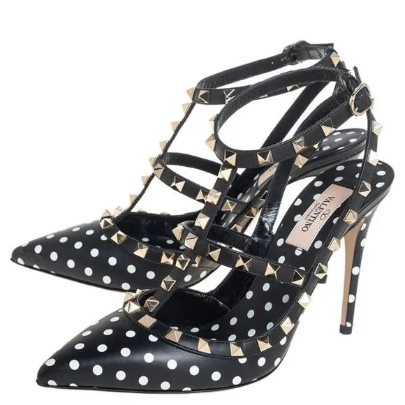 VALENTINO GARAVANI Black Ankle Strap Rockstud White Polkadot Sandals Siz… - Picture 3 of 15
